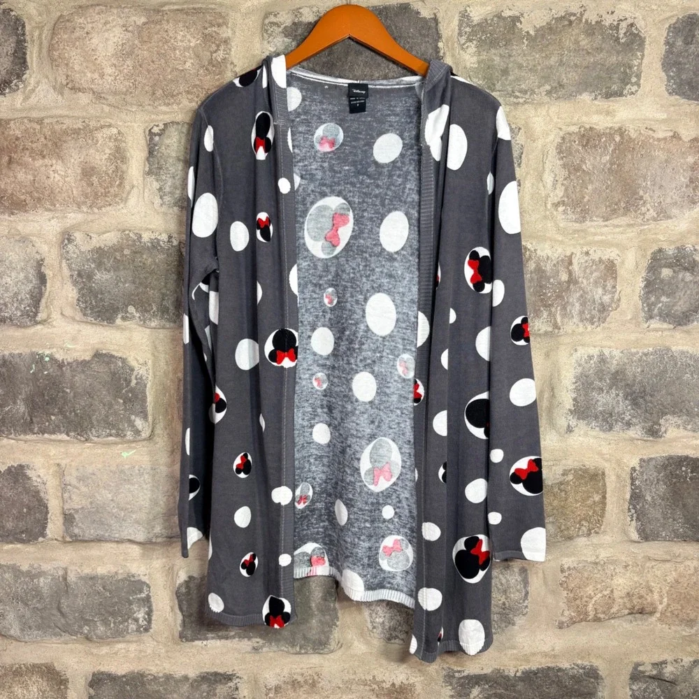 Disney Minnie Mouse Polka Dot‎ Hooded Open Front Cardigan Gray Women Size 2